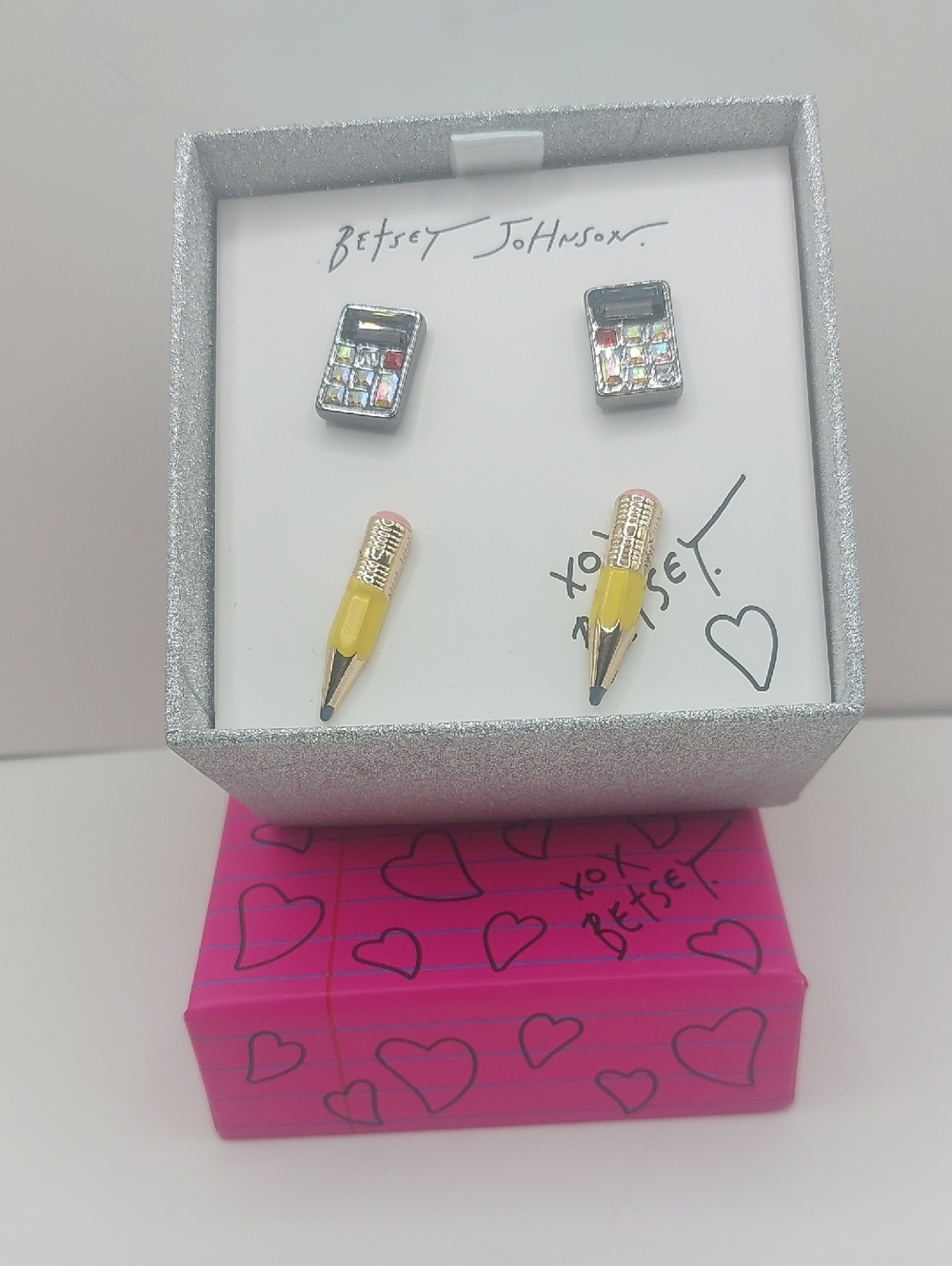 Betsey Johnson Pencil and Calculator  Pierced Earrings Set